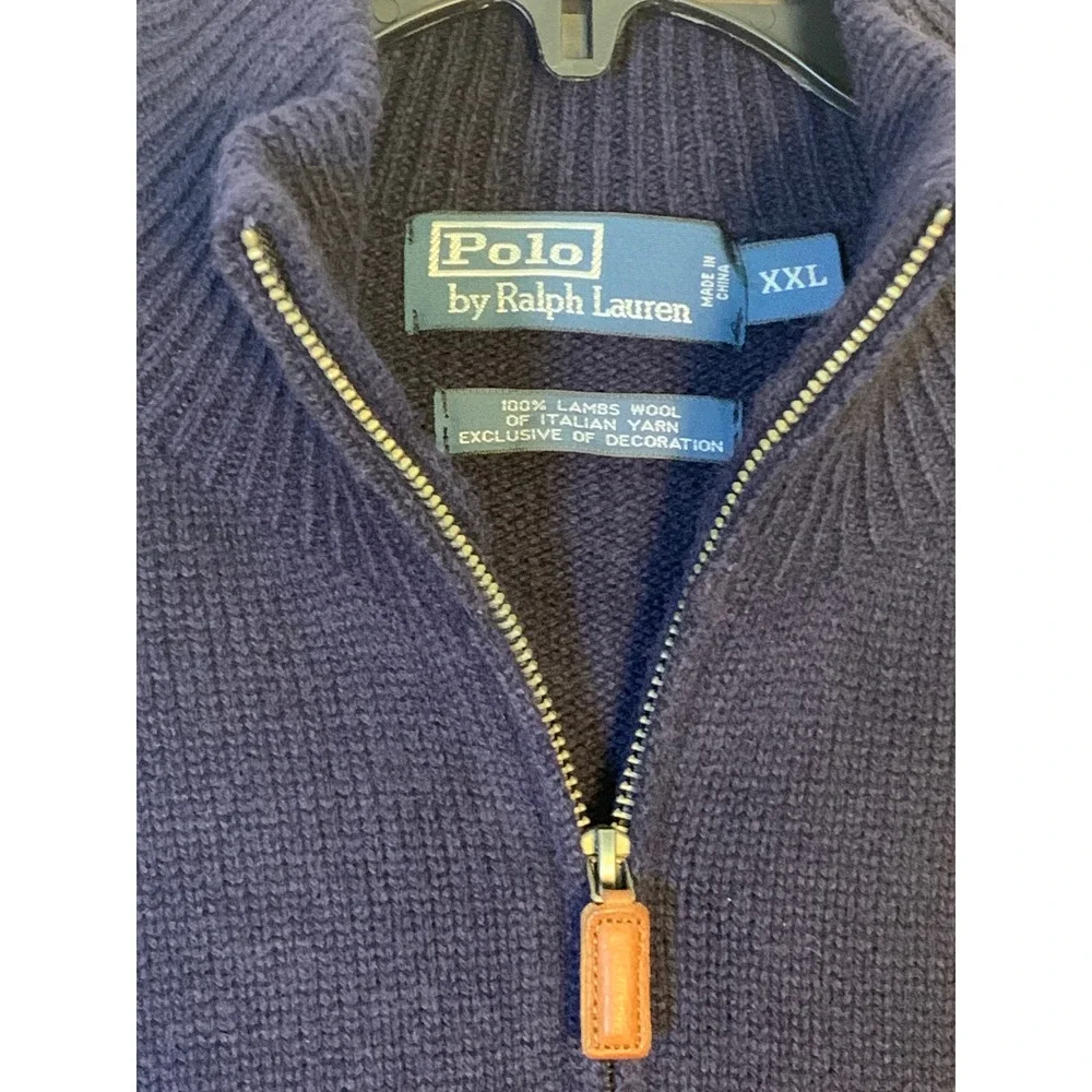 Polo Ralph‎ Lauren XXL Quarter-Zip Navy Blue Lambswool Leather Pull Sweater